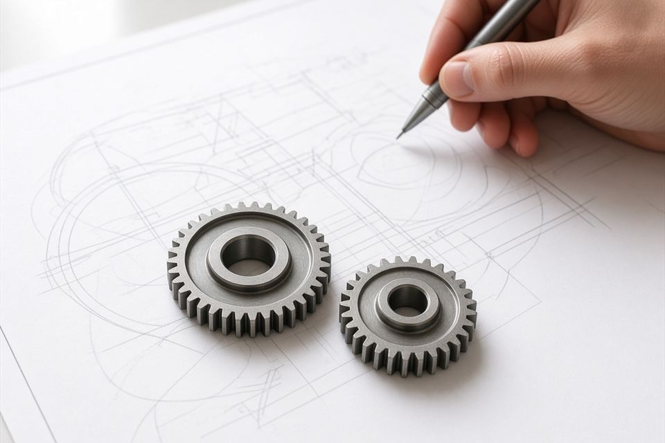 Чертёж и металлические шестерни